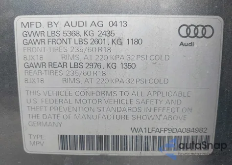 2013 Audi Q5 2.0T Premium z USA, uszkodzony, nr VIN WA1LFAFP9DA084982